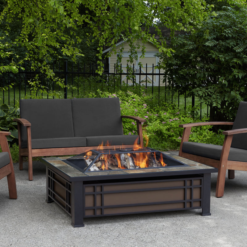 Hamilton Rectangle Wood Burning Fire Pit in Black and Brown with Natural Slate Tile Top by Real Flame