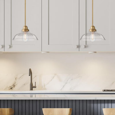 Iron Hill 1-Light Brushed Brass Shaded Pendant with Clear Seeded Glass