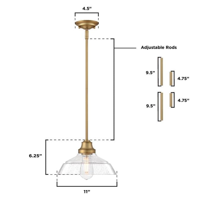 Iron Hill 1-Light Brushed Brass Shaded Pendant with Clear Seeded Glass