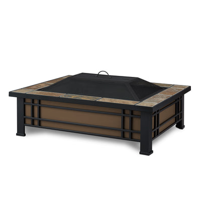 Hamilton Rectangle Wood Burning Fire Pit in Black and Brown with Natural Slate Tile Top by Real Flame